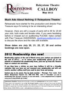 Roleystone Theatre  CALLBOY MayMuch Ado About Nothing @ Roleystone Theatre