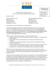 PDF Internet Copy www.FundCDC.org A Letter to House and Senate Leaders The Need for Prevention in Health Reform Legislation October 28, 2009