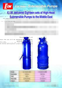 http://www.eimpump.co.jp/  E.I.M. delivered Eighteen sets of High-Head Submersible Pumps to the Middle East Recently, a total eighteen (18) sets of E.I.M. High-head Submersible Pumps was delivered for operation in the re