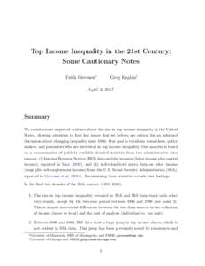 Top Income Inequality in the 21st Century: Some Cautionary Notes Fatih Guvenen⇤ Greg Kaplan†