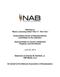 Hearing on “Music Licensing Under Title 17: Part Two” United States House of Representatives Committee on the Judiciary Subcommittee on Courts, Intellectual Property, and the Internet