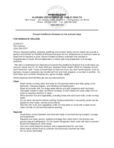 NEWS RELEASE ALABAMA DEPARTMENT OF PUBLIC HEALTH RSA Tower 201 Monroe Street, Suite 914 Montgomery, AL[removed]Phone[removed]Fax[removed]