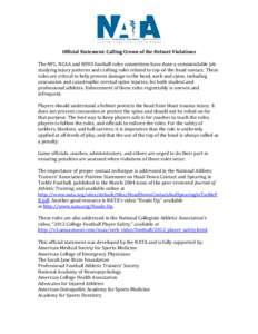 Official Statement: Calling Crown of the Helmet Violations The NFL, NCAA and NFHS football rules committees have done a commendable job studying injury patterns and crafting rules related to top-of-the-head contact. Thes