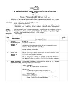 Mt Waddington Health System Stabilization Local Working Group (MWLWG) Minutes Monday February 25, 2013 6:00 pm – 8:30 pm District of Port Hardy Municipal Office, 7360 Columbia Street, Port Hardy Attendees: