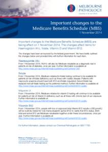Important changes to the Medicare Benefits Schedule (MBS) 1 November 2014 Important changes to the Medicare Benefits Schedule (MBS) are taking effect on 1 NovemberThe changes affect items for Haemoglobin A1c, fola