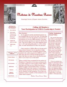 Volume 24—No.3  October 2012 Noticias de Nuestras Raices Genealogical Society of Hispanic America Newsletter