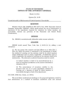 STATE OF TENNESSEE  OFFICE OF THE ATTORNEY GENERAL March 12, 2014 Opinion No[removed]Constitutionality of Electrocution If Lethal Injection Unavailable