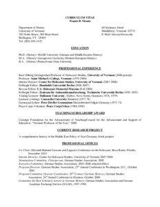 CURRICULUM VITAE Francis R. Nicosia Department of History