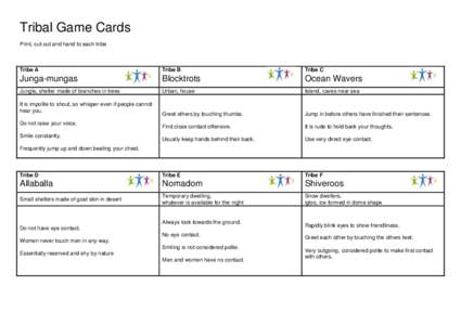 Tribal Game Cards Print, cut-out and hand to each tribe Tribe A  Tribe B