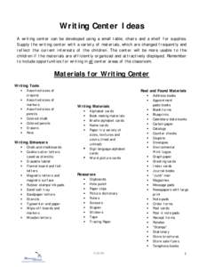 Writing Center Ideas A writing center can be developed using a small table, chairs and a shelf for supplies. Supply the writing center with a variety of materials, which are changed frequently and reflect the current int