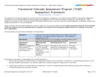 Transitional Colorado Assessment Program Assessment Framework – Mathematics Grade 3  Transitional Colorado Assessment Program (TCAP) Assessment Framework Mathematics – Grade 3 The assessment frameworks specify the co