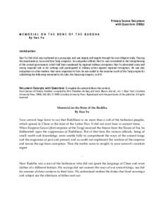 Primary Source Document with Questions (DBQs) MEMORIAL ON THE BONE OF THE BUDDHA By Han Yu  Introduction