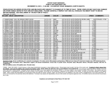 STATE FLEET SERVICES PUBLIC AUCTION PRICE LIST DECEMBER 12, 2013 – 11:00 AM – 218 AIRPORT ROAD, BISMARCK, NORTH DAKOTA VEHICLES MAY BE ADDED OR DELETED AND MILEAGES ARE SUBJECT TO CHANGE UP TO TIME OF SALE. THESE VEH