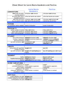 Cheat Sheet for Lexis Nexis Academic and Factiva  CONNECTORS and (finds all words, narrows search) or (finds either word,