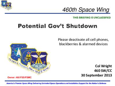 460th Space Wing THIS BRIEFING IS UNCLASSIFIED Please deactivate all cell phones, blackberries & alarmed devices