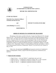 UNITED STATES ENVIRONMENTAL PROTECTION AGENCY BEFORE THE ADMINISTRATOR IN THE MATTER OF Chem-Solv, Inc., formerly trading as