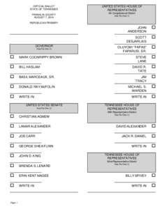 OFFICIAL BALLOT STATE OF TENNESSEE FRANKLIN COUNTY AUGUST 7, 2014  UNITED STATES HOUSE OF