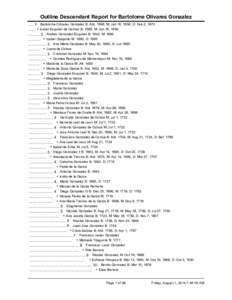 Outline Descendant Report for Bartolome Olivares GonzalezBartolome Olivares Gonzalez B: Abt. 1598, M: Jan 16, 1639, D: Feb 2, 1672 ..... + Isabel Esquivel de Gomez B: 1585, M: Jan 16, 2 Andres G