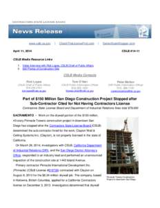 California California Business, Consumer Services and Housing Agency  - $150 Million San Diego Construction Project Stopped after Sub-Contractor Cited for Not Having Contractors License