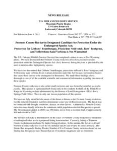 NEWS RELEASE U.S. FISH AND WILDLIFE SERVICE Mountain-Prairie Region 134 Union Boulevard Lakewood, Colorado[removed]For Release on June 8, 2011