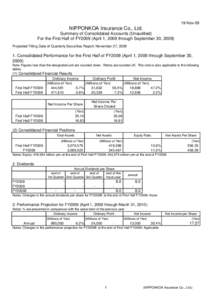 19-Nov-09  NIPPONKOA Insurance Co., Ltd. Summary of Consolidated Accounts (Unaudited) For the First Half of FY2009 (April 1, 2009 through September 30, 2009) Projected Filling Date of Quarterly Securities Report: Novembe
