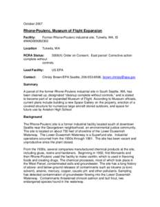 October[removed]Rhone-Poulenc, Museum of Flight Expansion Facility: Former Rhone-Poulenc industrial site, Tukwila, WA, ID #WAD009282302