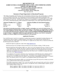 DEPARTMENT OF AGRICULTURAL LEADERSHIP, EDUCATION, AND COMMUNICATIONS GRADUATE PROGRAMS COLLEGE OF AGRICULTURE AND LIFE SCIENCES TEXAS A&M UNIVERSITY COLLEGE STATION, TEXAS