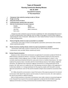 Town of Cheswold Planning Commission Meeting Minutes July 10, 2014 Cheswold Fire Company 2nd Floor Board Room I.