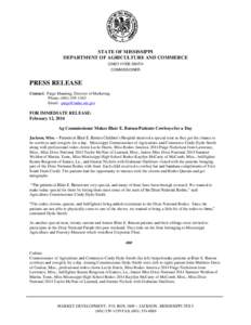 STATE OF MISSISSIPPI DEPARTMENT OF AGRICULTURE AND COMMERCE CINDY HYDE-SMITH COMMISSIONER  PRESS RELEASE