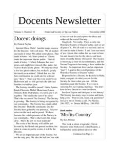 Docents Newsletter Volume 1, Number 10 Historical Society of Dayton Valley  Docent doings