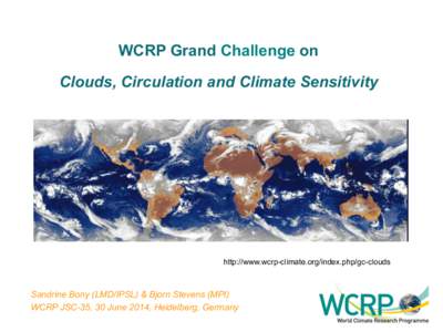 WCRP Grand Challenge on Clouds, Circulation and Climate Sensitivity http://www.wcrp-climate.org/index.php/gc-clouds  Sandrine Bony (LMD/IPSL) & Bjorn Stevens (MPI)