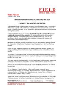 FIELD PUBLIC RELATIONS Media Release Tuesday 6 May, 2014