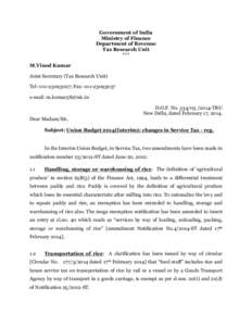 Government of India Ministry of Finance Department of Revenue Tax Research Unit *** M.Vinod Kumar