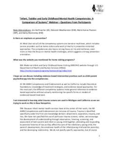 “Infant, Toddler and Early Childhood Mental Health Competencies: A Comparison of Systems” Webinar—Questions From Participants Note Abbreviations: Jon Korfmacher (JK), Deborah Weatherston (DW), Marie Kanne Poulsen (