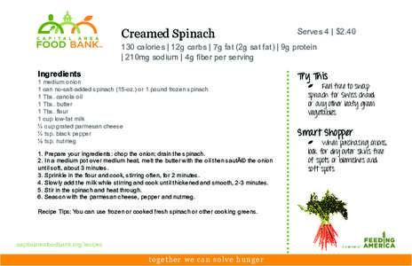 Creamed Spinach  Serves 4 | $[removed]calories | 12g carbs | 7g fat (2g sat fat) | 9g protein | 210mg sodium | 4g fiber per serving