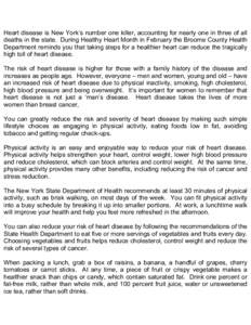 Heart disease is New York’s number one killer, accounting for nearly one in three of all deaths in the state. During Healthy Heart Month in February the Broome County Health Department reminds you that taking steps for