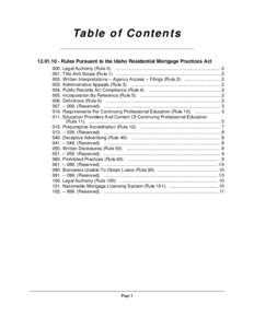 Ta b l e o f C o n t e n t s[removed]Rules Pursuant to the Idaho Residential Mortgage Practices Act 000. Legal Authority (Rule 0). ................................................................................... 2 