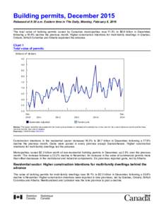 Building permits, December 2015 Released at 8:30 a.m. Eastern time in The Daily, Monday, February 8, 2016 The total value of building permits issued by Canadian municipalities rose 11.3% to $6.9 billion in December, f