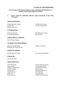 LC Paper No. CB[removed]) List of names of 270 solicitors/solicitors firms submitting identical letters on Solicitors Professional Indemnity Scheme I.  Letters signed by individual solicitors under letterheads of 