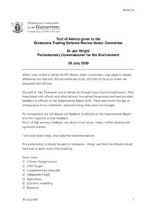 ETS/PCE/4  Text of Advice given to the Emissions Trading Scheme Review Select Committee Dr Jan Wright Parliamentary Commissioner for the Environment