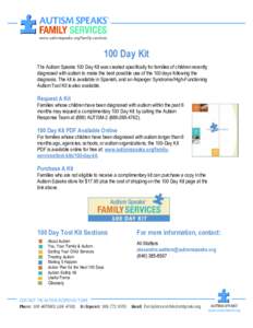 100 Day Kit The Autism Speaks 100 Day Kit was created specifically for families of children recently diagnosed with autism to make the best possible use of the 100 days following the diagnosis. The kit is available in Sp