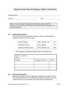 Departmental New Employee Safety Orientation Employee Name: _____________________________________________________________ Job Title: __________________________________ SSN: _______________________