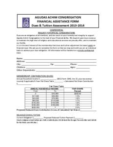 AGUDAS ACHIM CONGREGATION FINANCIAL ASSISTANCE FORM Dues & Tuition Assessment[removed]CONFIDENTIAL REQUEST FOR SPECIAL CONSIDERATIONS Dues are an obligation of all members, and we count on your honesty and integrity to