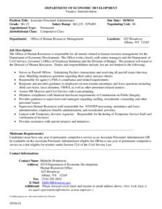 DEPARTMENT OF ECONOMIC DEVELOPMENT Vacancy Announcement Position Title: Associate Personnel Administrator Due Date: [removed]Grade: SG-23 Salary Range: $63,233 - $79,003