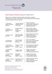 Micah Projects Volunteer Vacancies 16 March 2015 Below is a list of individual volunteer positions that require a minimum commitment of 4 months or more, plus any one off events and community group volunteering opportuni