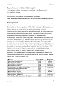 Kurt Sartorius  Bönnigheim Tagung Museumsverband Baden-Württemberg e.V. “Inventarisierung digital – schmale und breite Wege in den Datenhimmel“