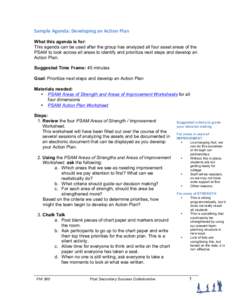 Sample	
  Agenda:	
  Developing	
  an	
  Action	
  Plan	
   What this agenda is for: This agenda can be used after the group has analyzed all four asset areas of the PSAM to look across all areas to identify and pr