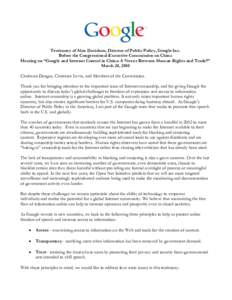 Testimony of Alan Davidson, Director of Public Policy, Google Inc. Before the Congressional-Executive Commission on China Hearing on “Google and Internet Control in China: A Nexus Between Human Rights and Trade?” Mar