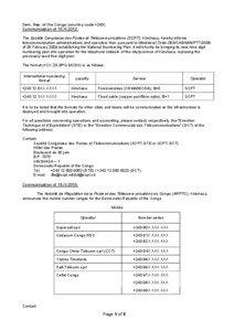 Dem. Rep. of the Congo (country code +243) Communication of 15.XI.2012: The Société Congolaise des Postes et Télécommunications (SCPT), Kinshasa, hereby informs