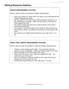 Level - all Focus: survey preparation Making Measures Stations HEIGHT MEASUREMENT STATION Work in pairs to take one another’s height measurement.